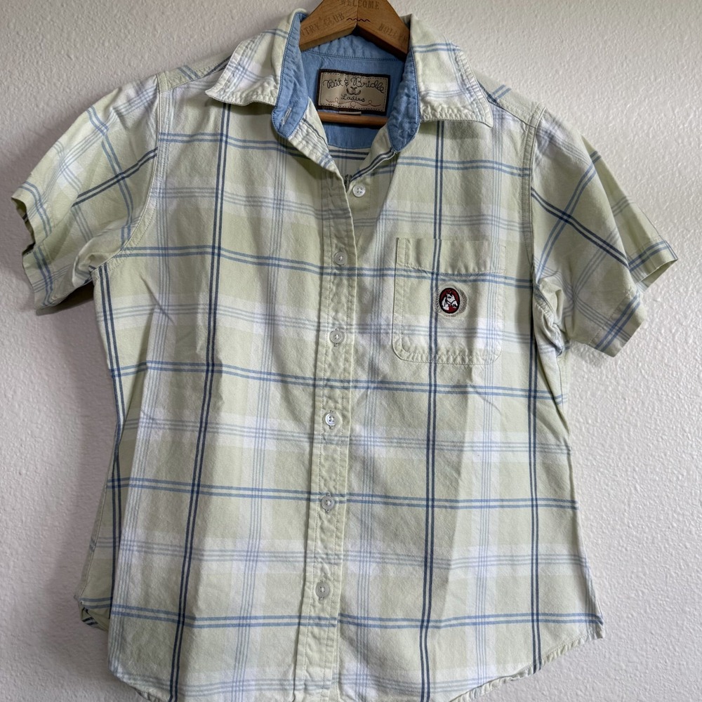 Bit & Bridle Button-Up Short Sleeve Shirt Womens Medium Cream Plaid Cowboy Rodeo